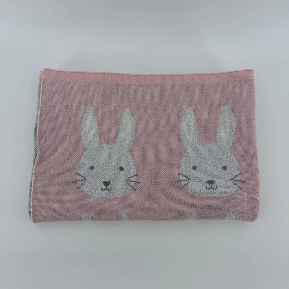Elegant Baby Luxury Cotton Jacquard Knit Blanket Pink White Repeats Bunny Face